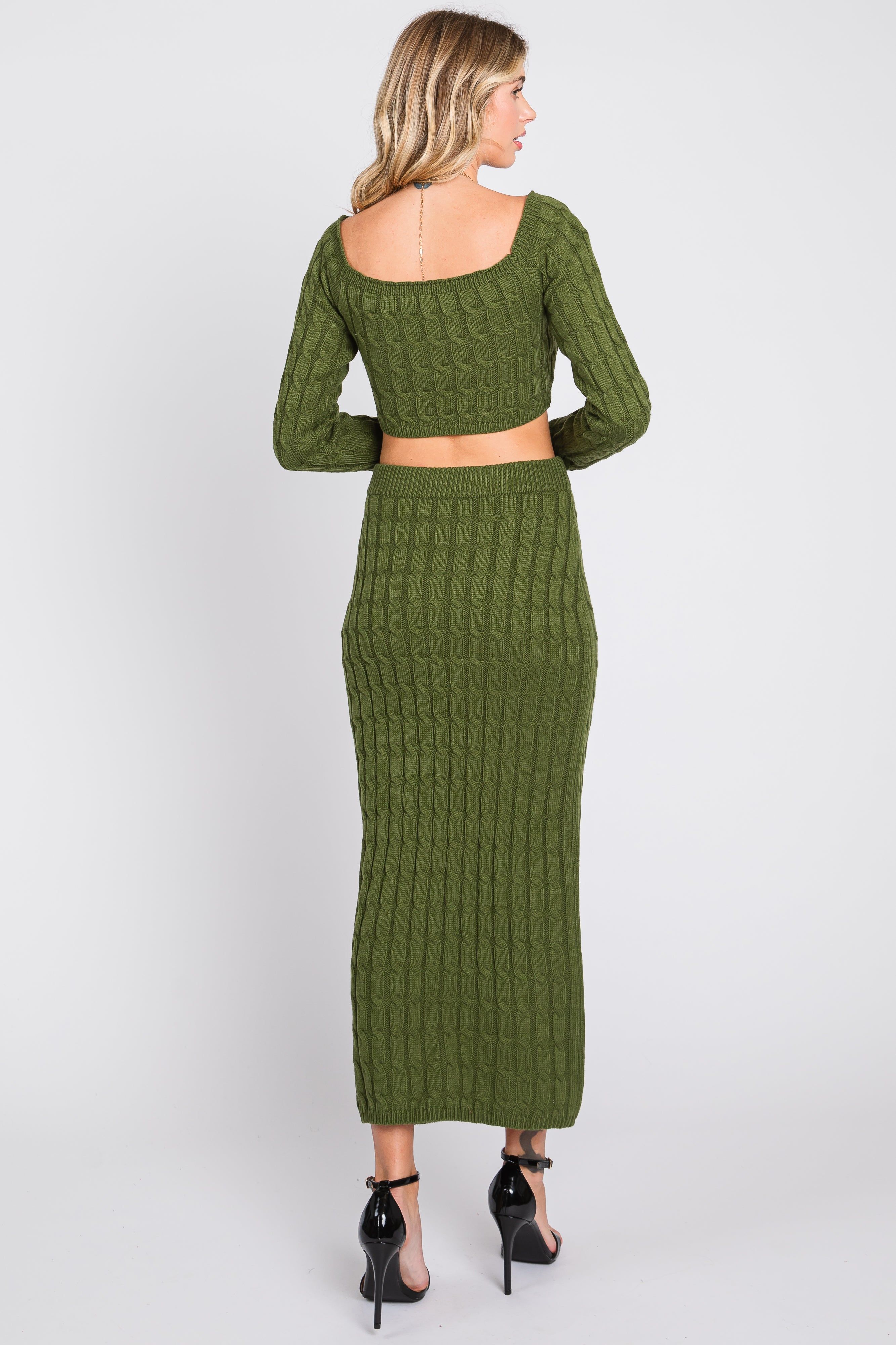 Olive Cable Knit Off Shoulder Midi Skirt Set sold by Pinkblush product image thumbnail 3