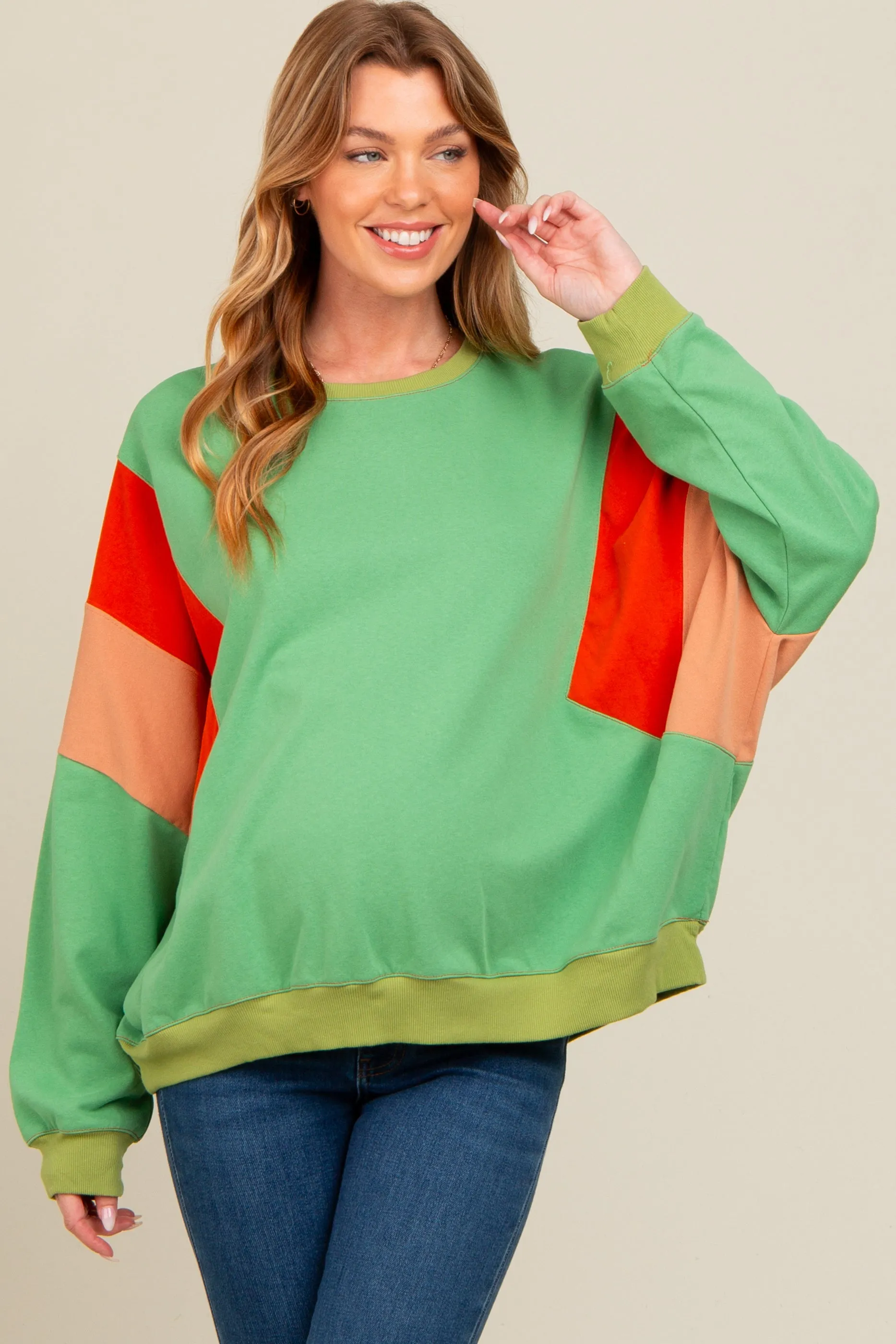Green Colorblock Dolman Sleeve Maternity Sweatshirt sold by Pinkblush product image thumbnail 2