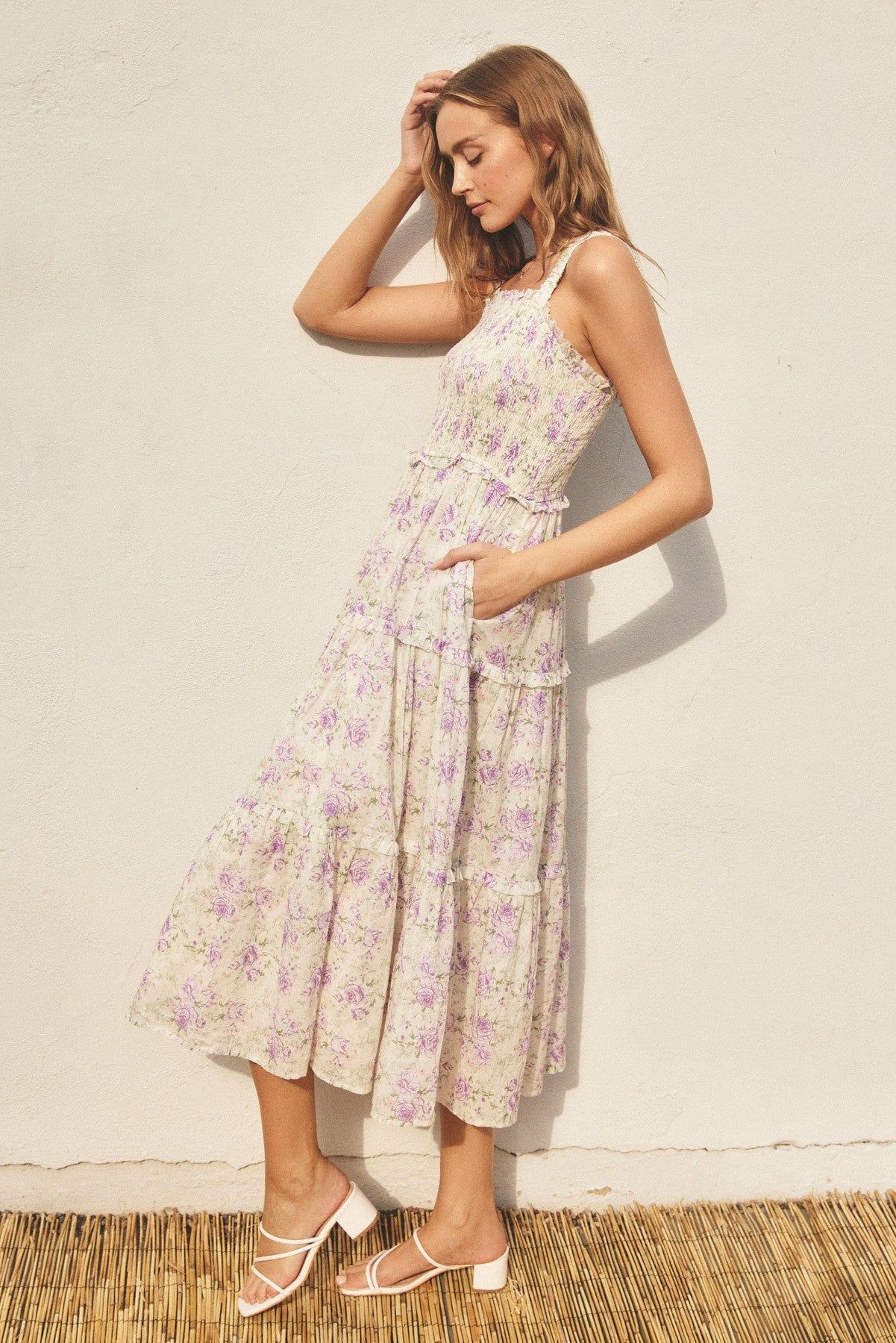 Lavender Floral Smocked Square Neck Ruffle Tiered Midi Dress sold by Pinkblush product image thumbnail 2