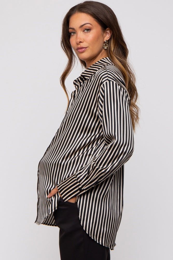 Black Striped Satin Collared Round Hem Maternity Blouse sold by Pinkblush product image thumbnail 2