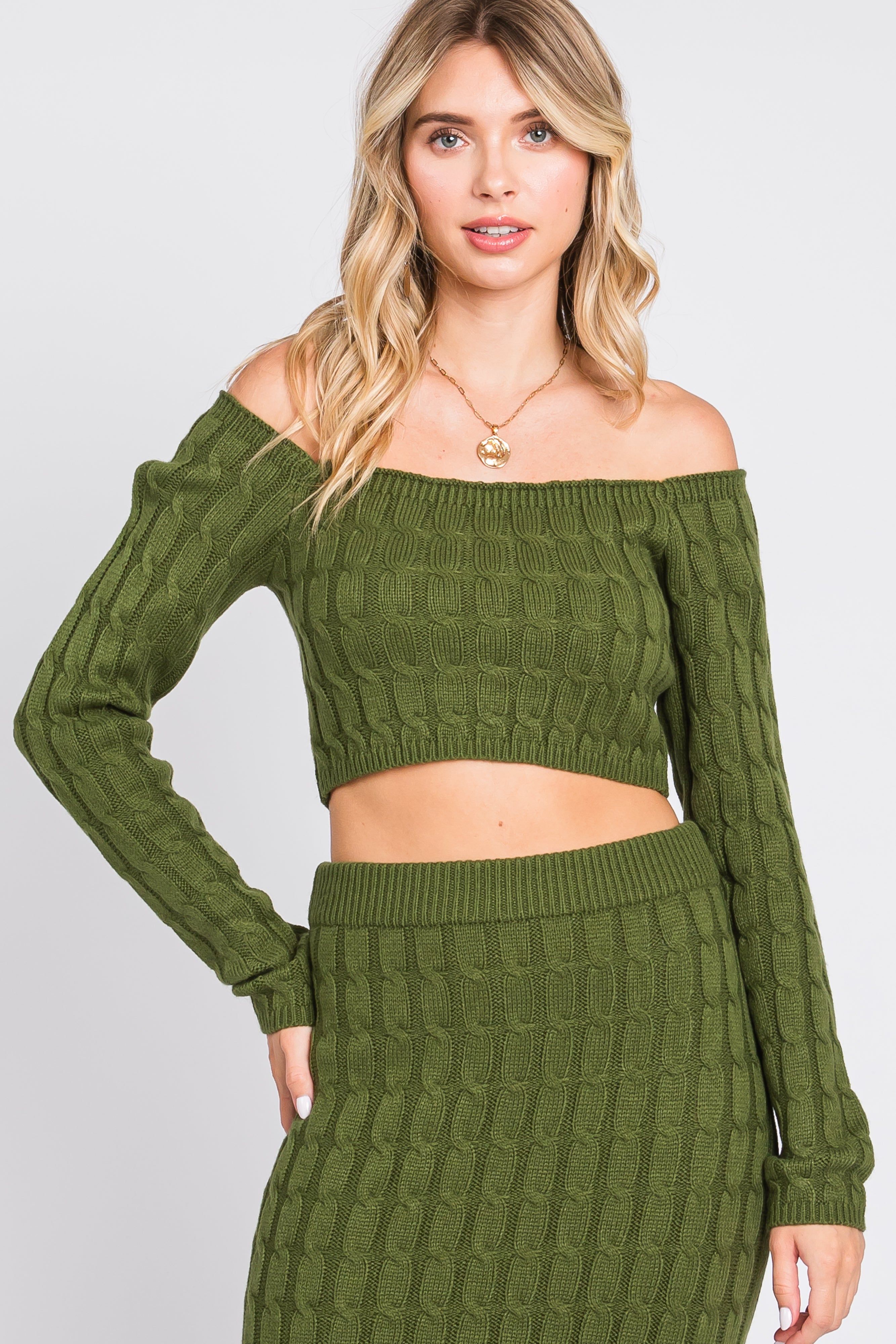 Olive Cable Knit Off Shoulder Midi Skirt Set sold by Pinkblush product image thumbnail 4