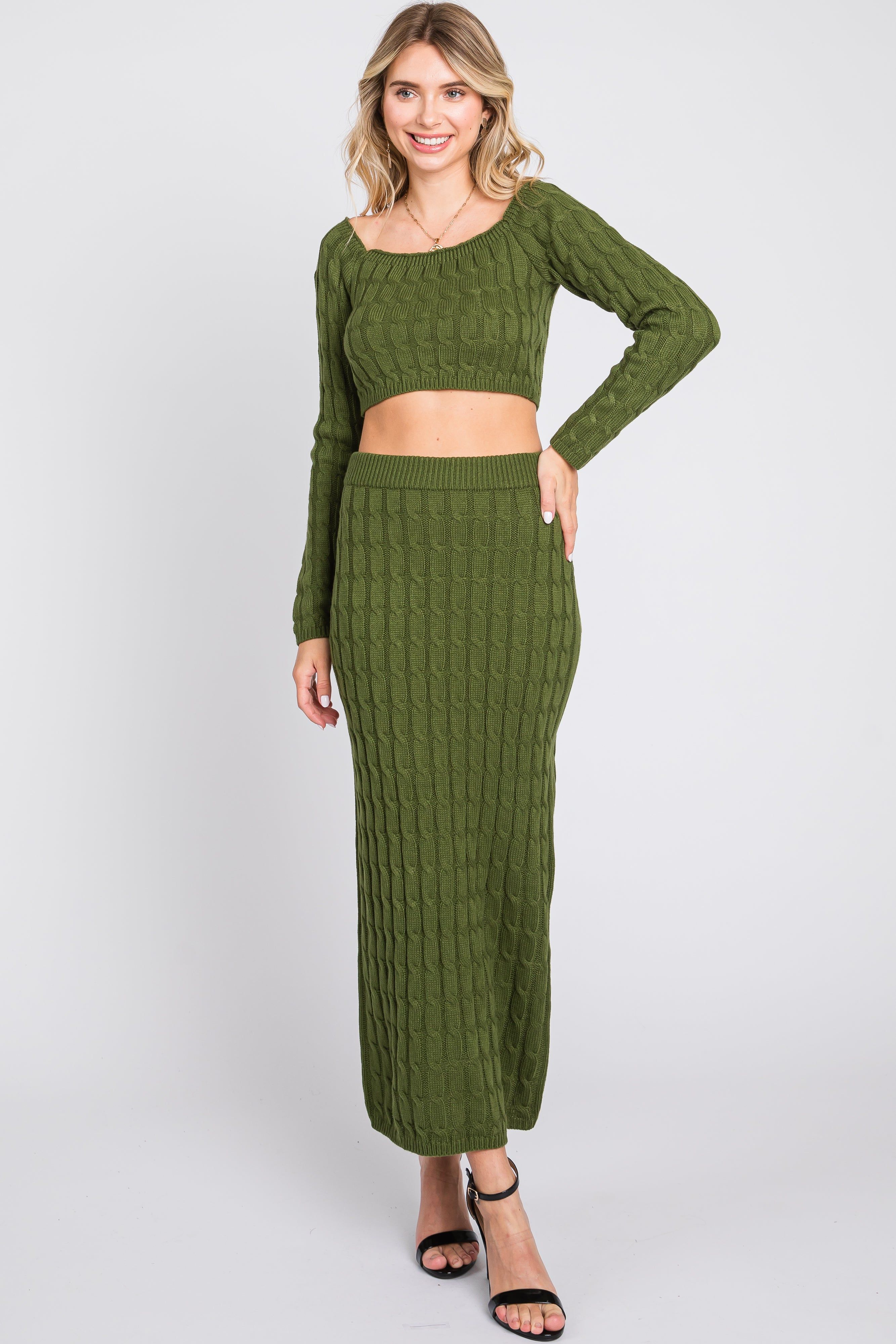 Olive Cable Knit Off Shoulder Midi Skirt Set sold by Pinkblush
