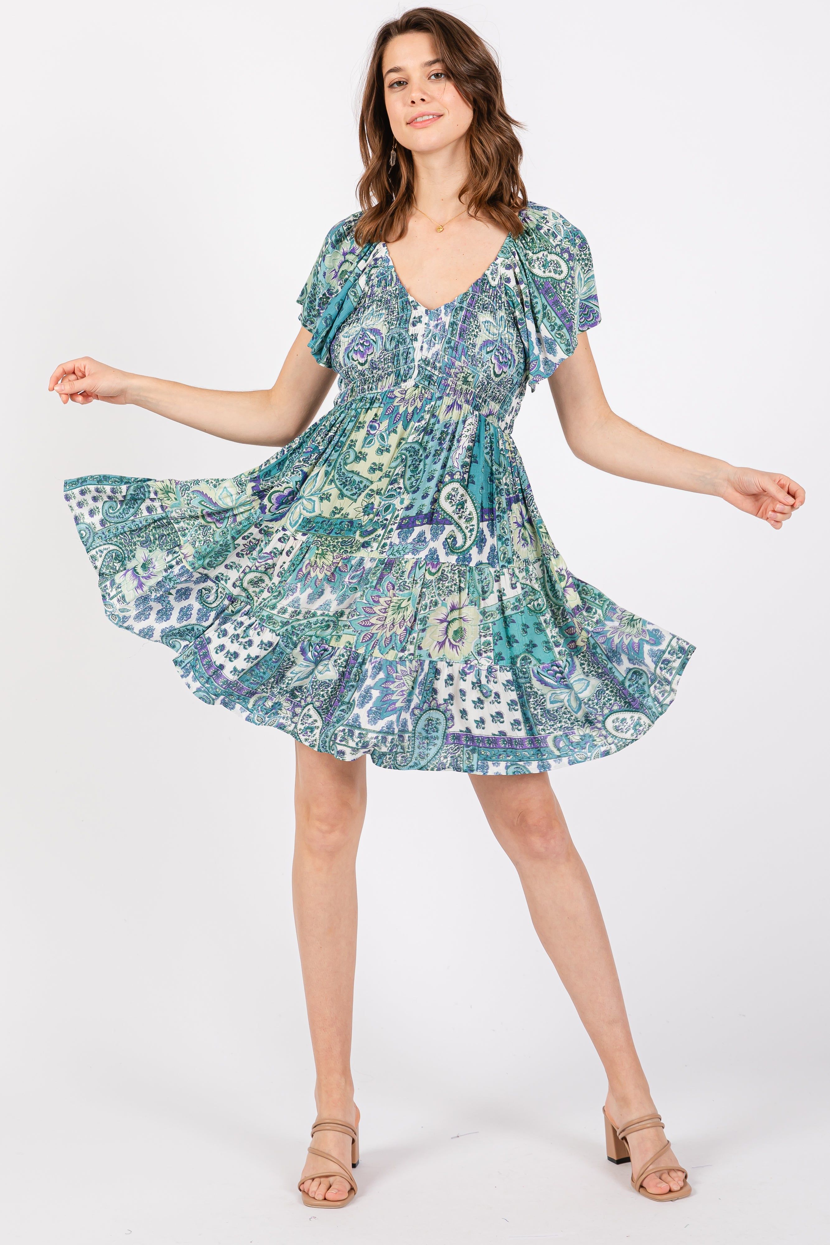 Aqua Floral Ruffle Sleeve Dress sold by Pinkblush