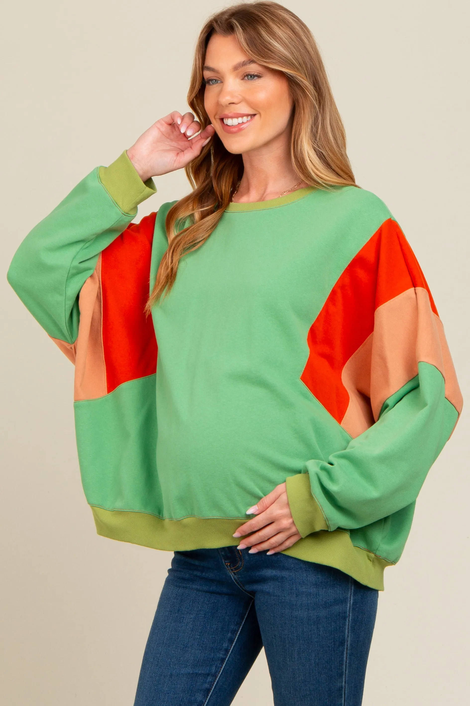 Green Colorblock Dolman Sleeve Maternity Sweatshirt sold by Pinkblush product image thumbnail 3