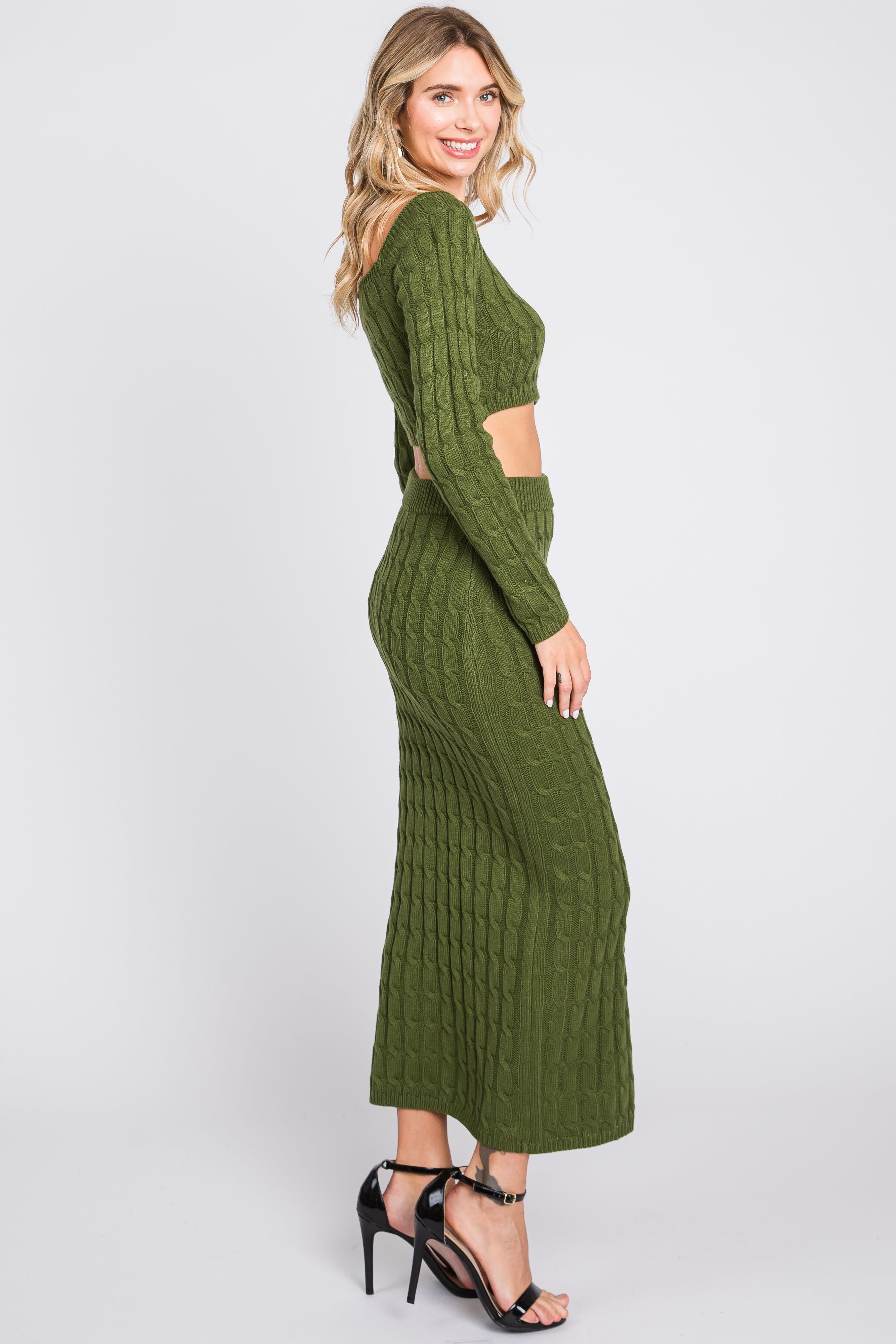 Olive Cable Knit Off Shoulder Midi Skirt Set sold by Pinkblush product image thumbnail 2