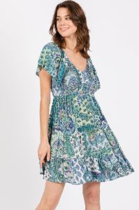 Aqua Floral Ruffle Sleeve Dress sold by Pinkblush