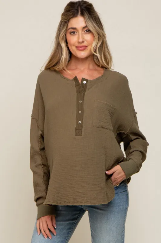Olive Front Button Drop Shoulder Long Sleeve Maternity Top sold by Pinkblush