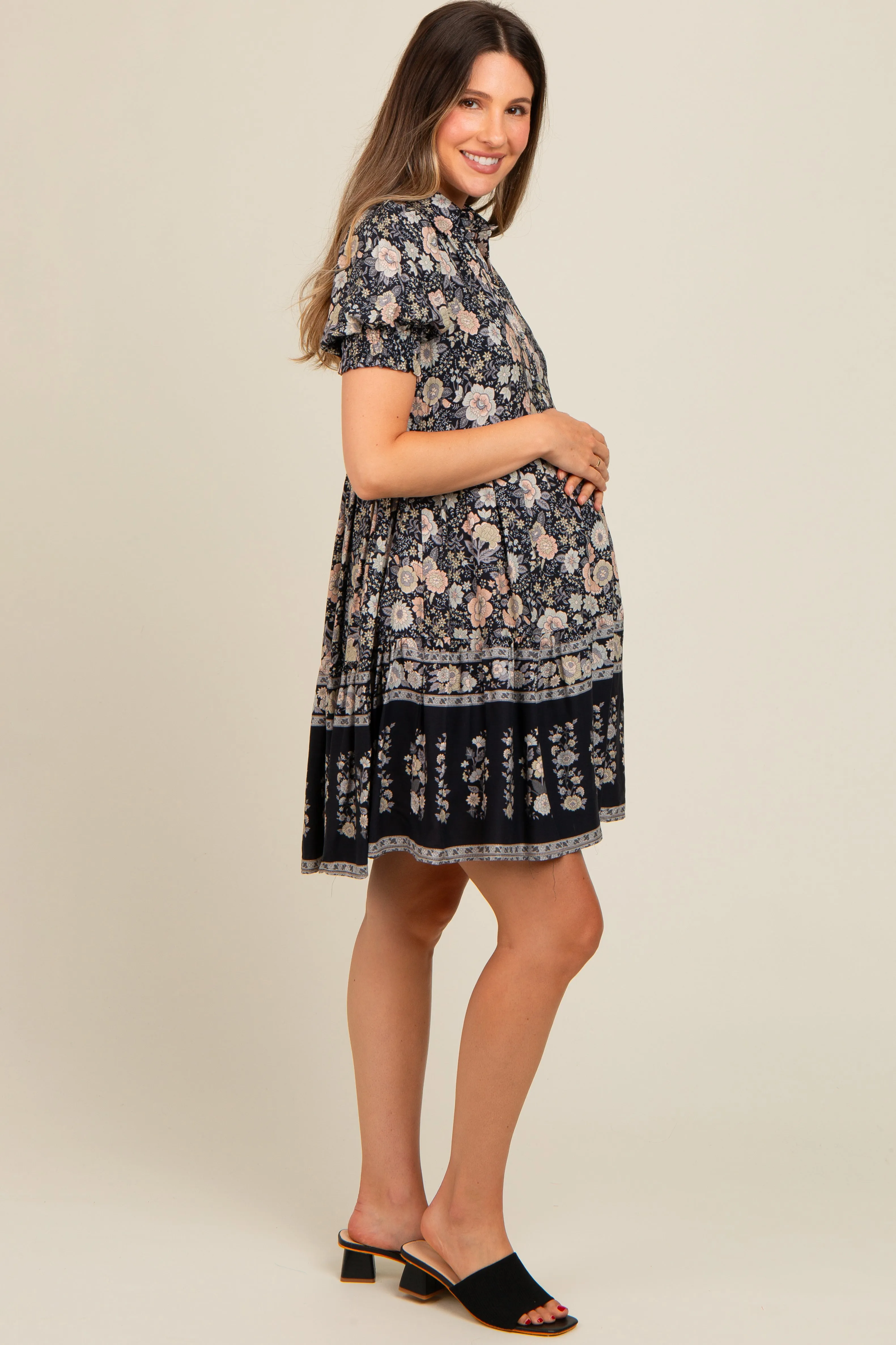 Black Floral Button Up Ruffle Hem Maternity Dress sold by Pinkblush product image thumbnail 3