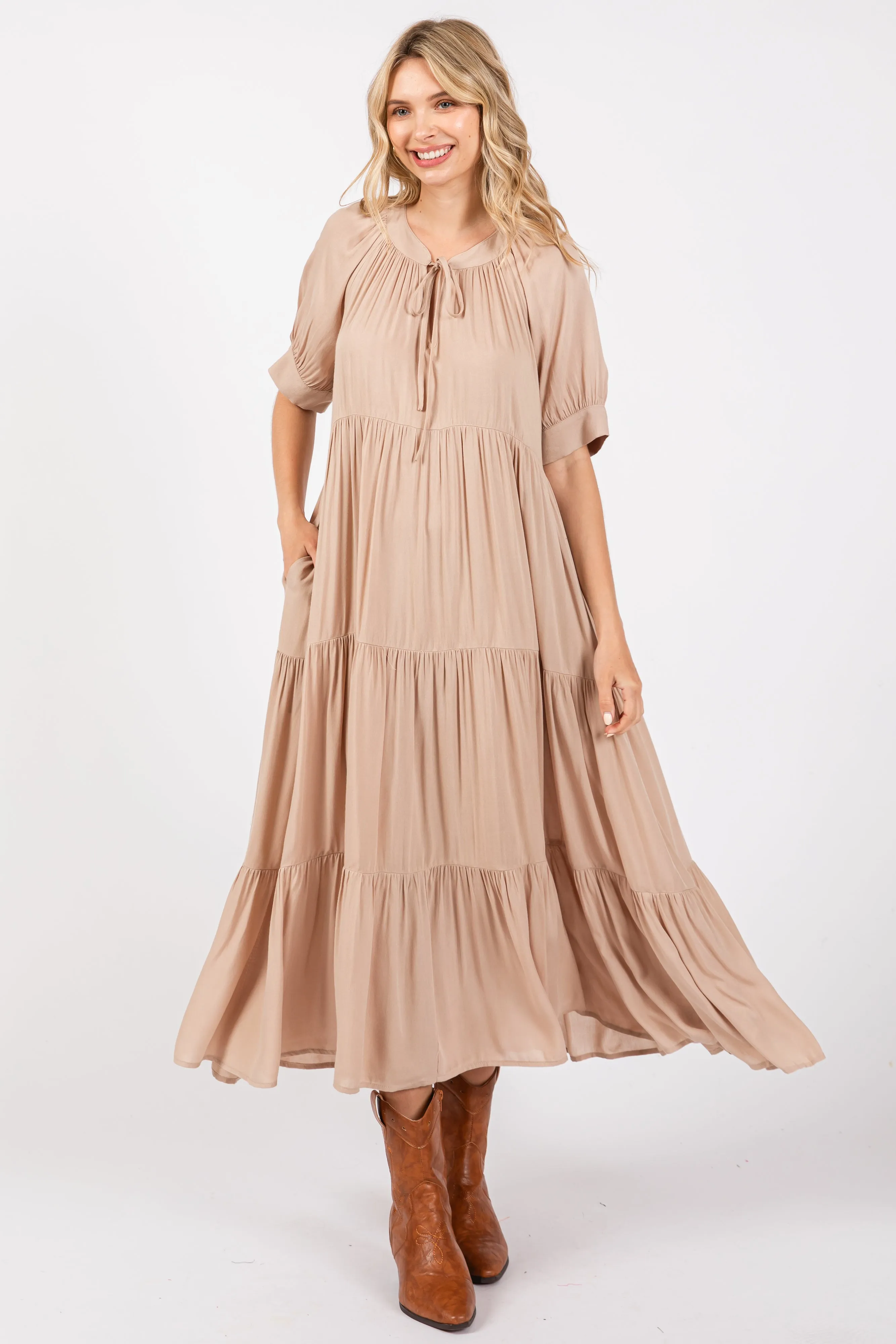Mocha Lightweight Flowy Tiered Maxi Dress sold by Pinkblush