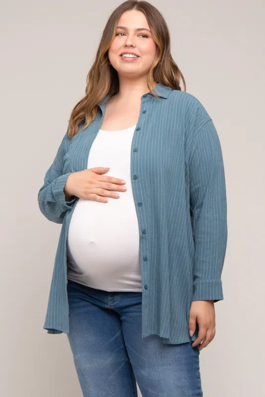 Teal Pinstriped Button-Down Linen Maternity Plus Tunic sold by Pinkblush