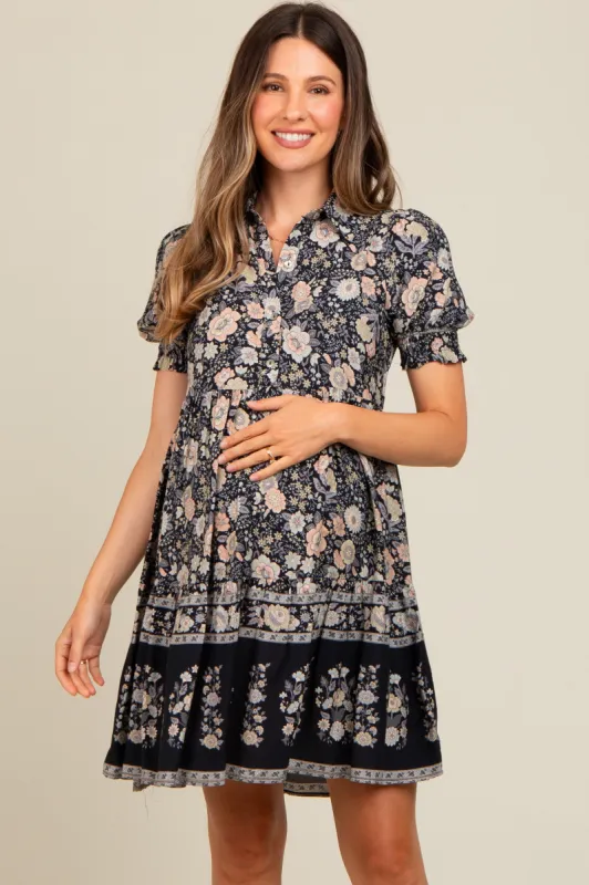 Black Floral Button Up Ruffle Hem Maternity Dress sold by Pinkblush