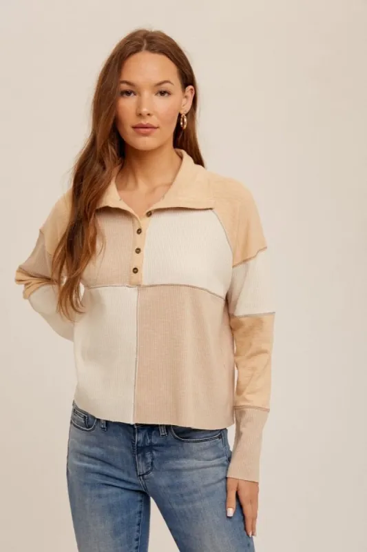 Beige Boxy Ribbed Contrast Color Block Polo Collar Top sold by Pinkblush