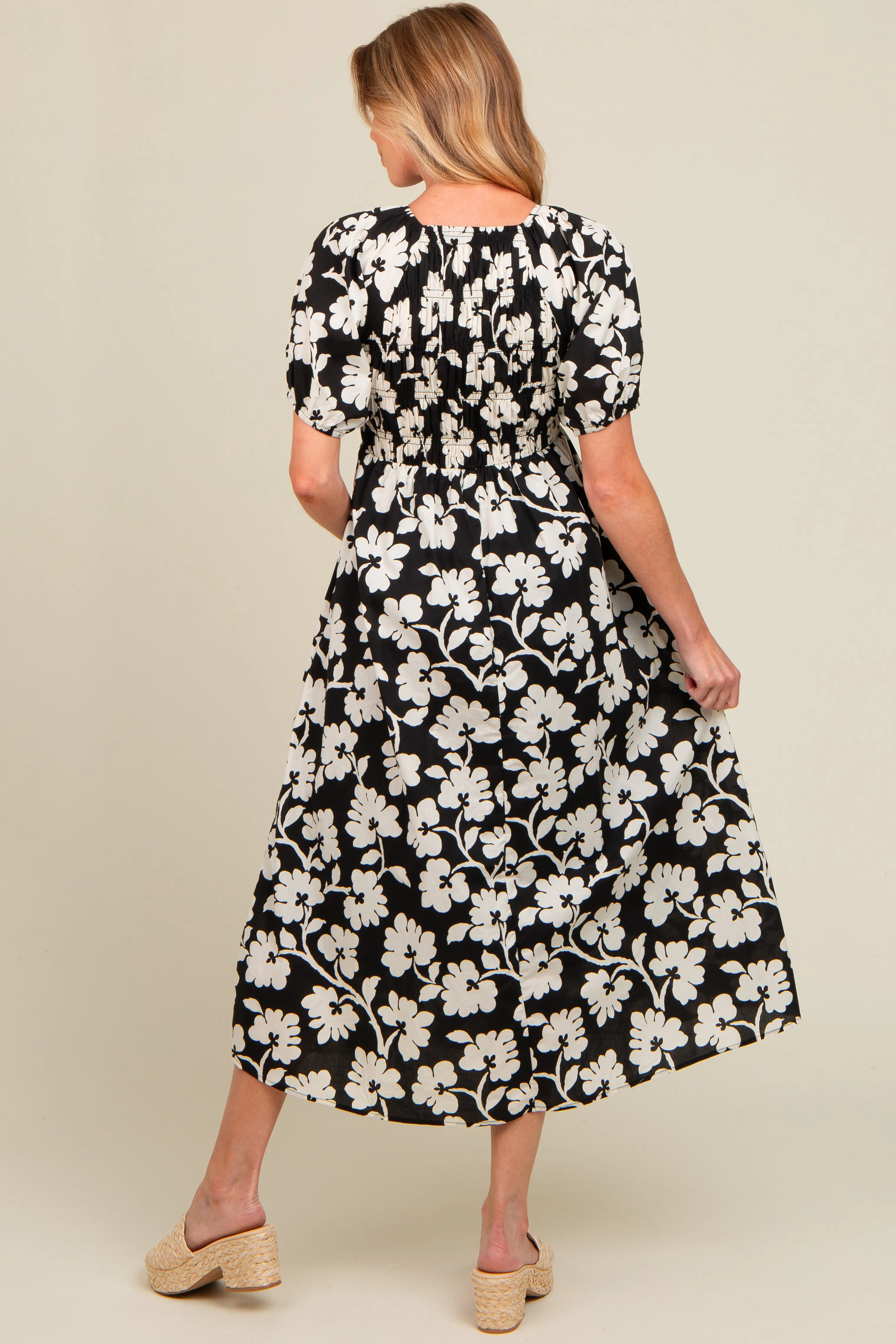 Black Floral Smocked Maternity Midi Dress sold by Pinkblush product image thumbnail 3