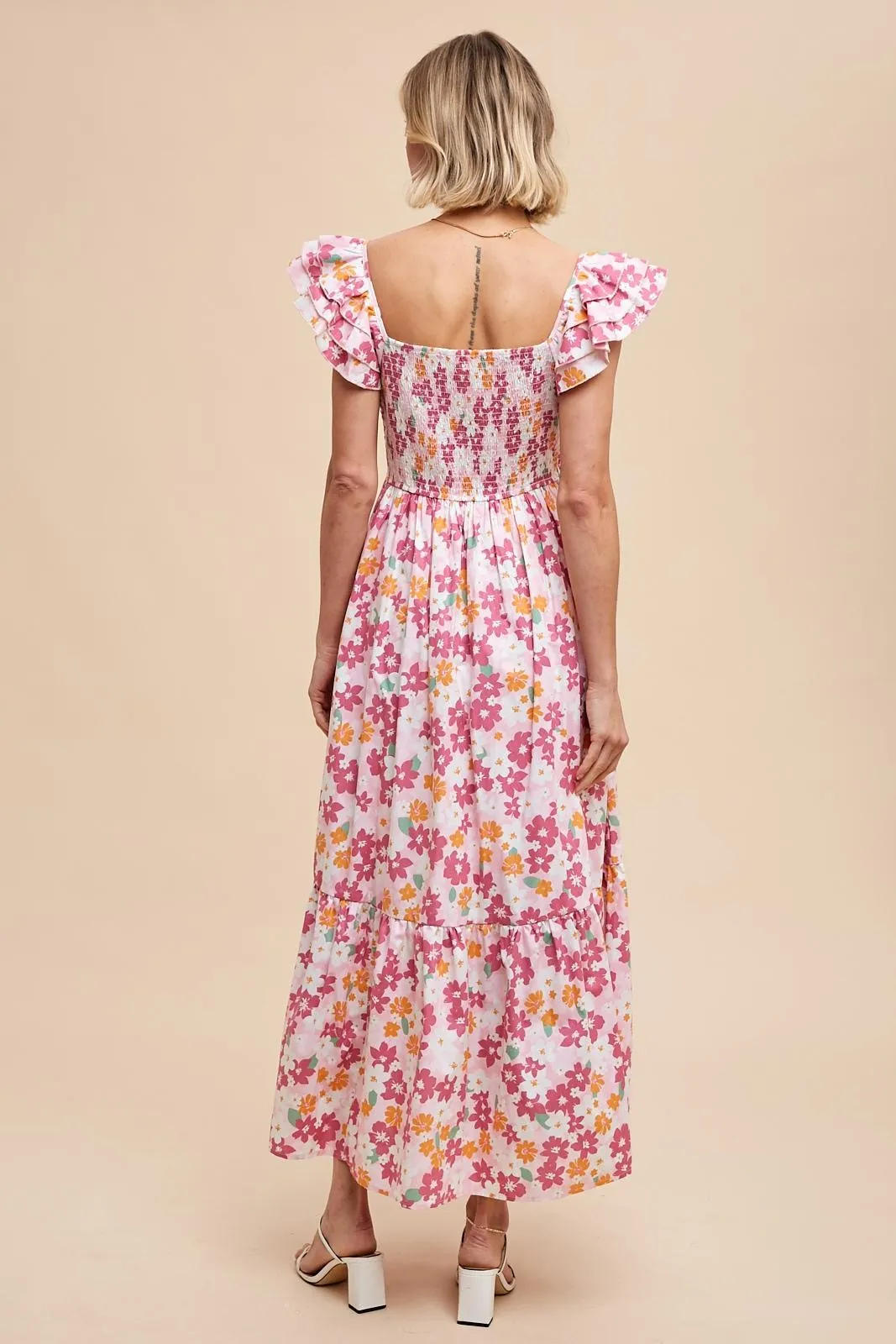 Pink Floral Smocked Ruffle Sleeve Maxi Dress sold by Pinkblush product image thumbnail 3