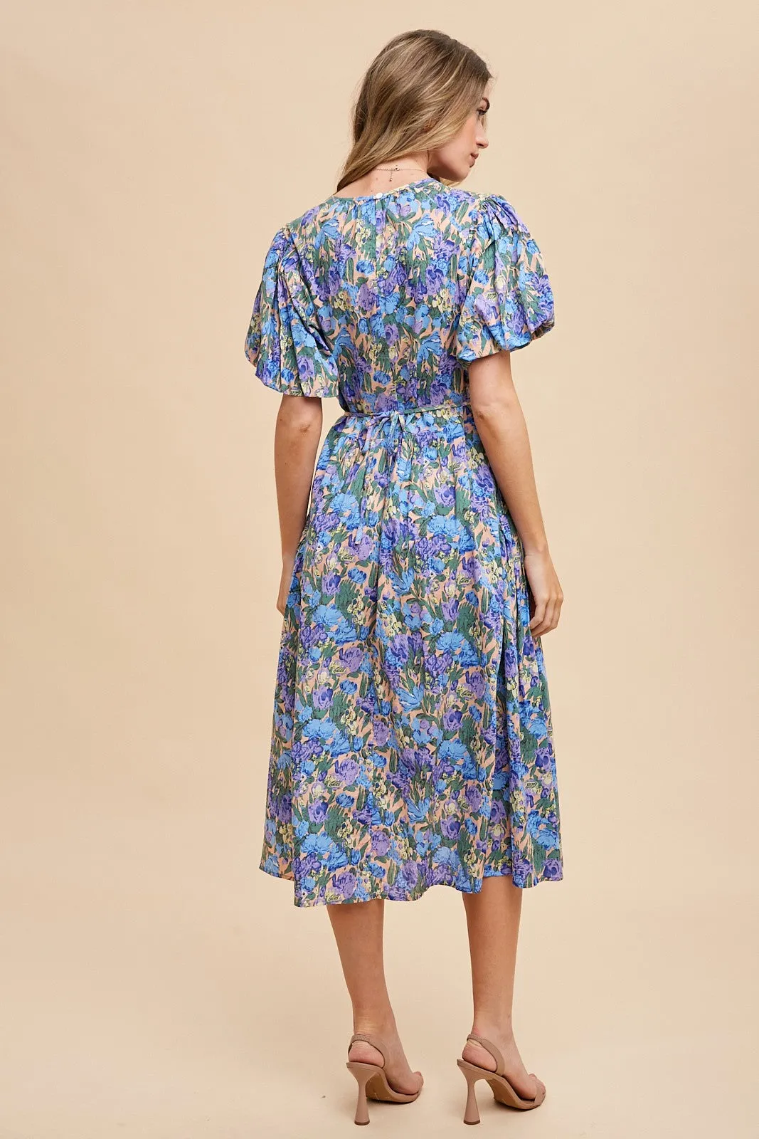 Blue Multi Floral Printed Crew Neck Puff Sleeve Midi Dress sold by Pinkblush product image thumbnail 3