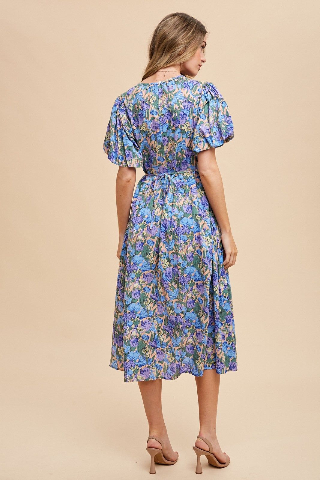 Blue Multi Floral Printed Crew Neck Puff Sleeve Midi Dress sold by Pinkblush product image thumbnail 3