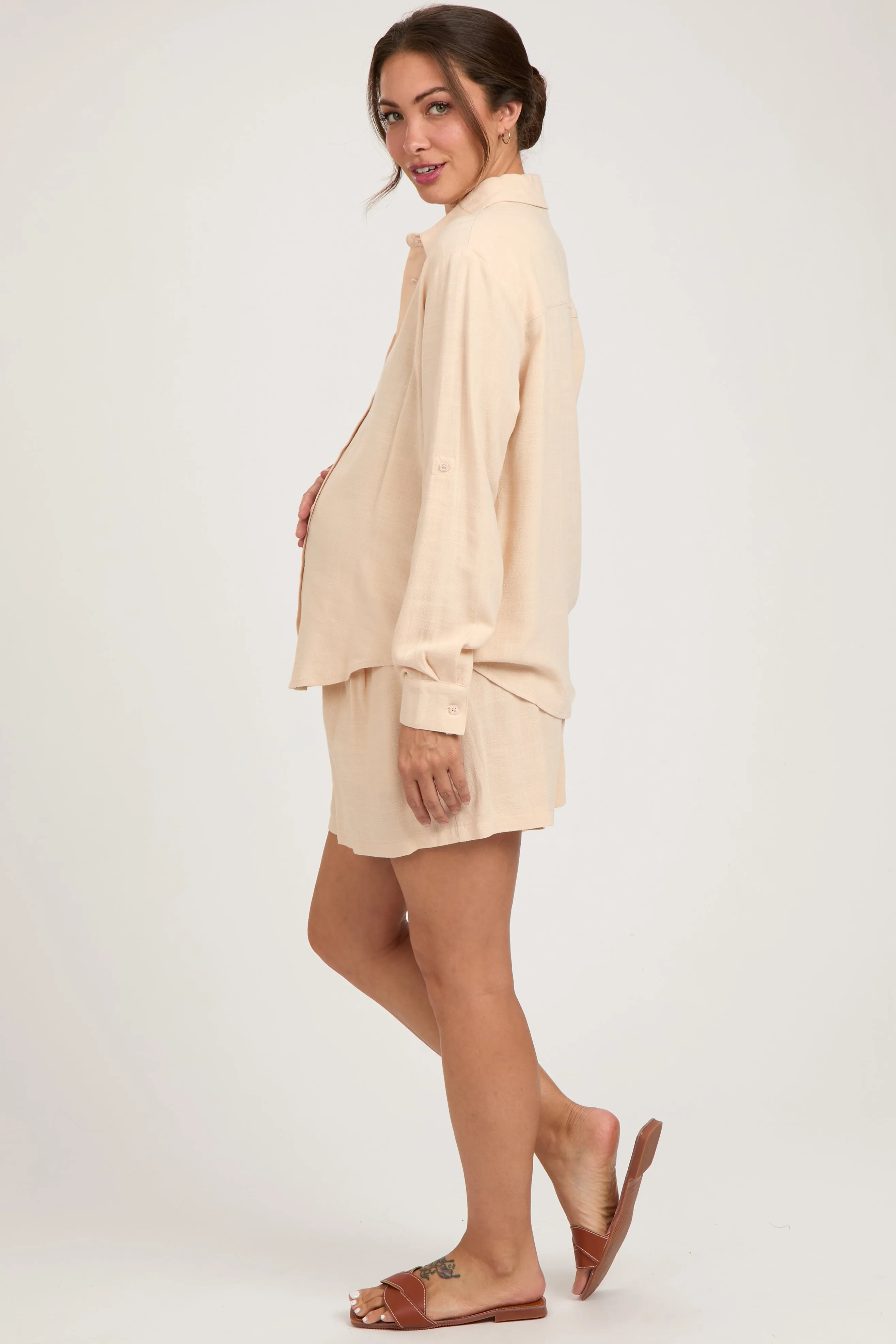 Cream Linen Button Down Long Sleeve Maternity Short Set sold by Pinkblush product image thumbnail 3