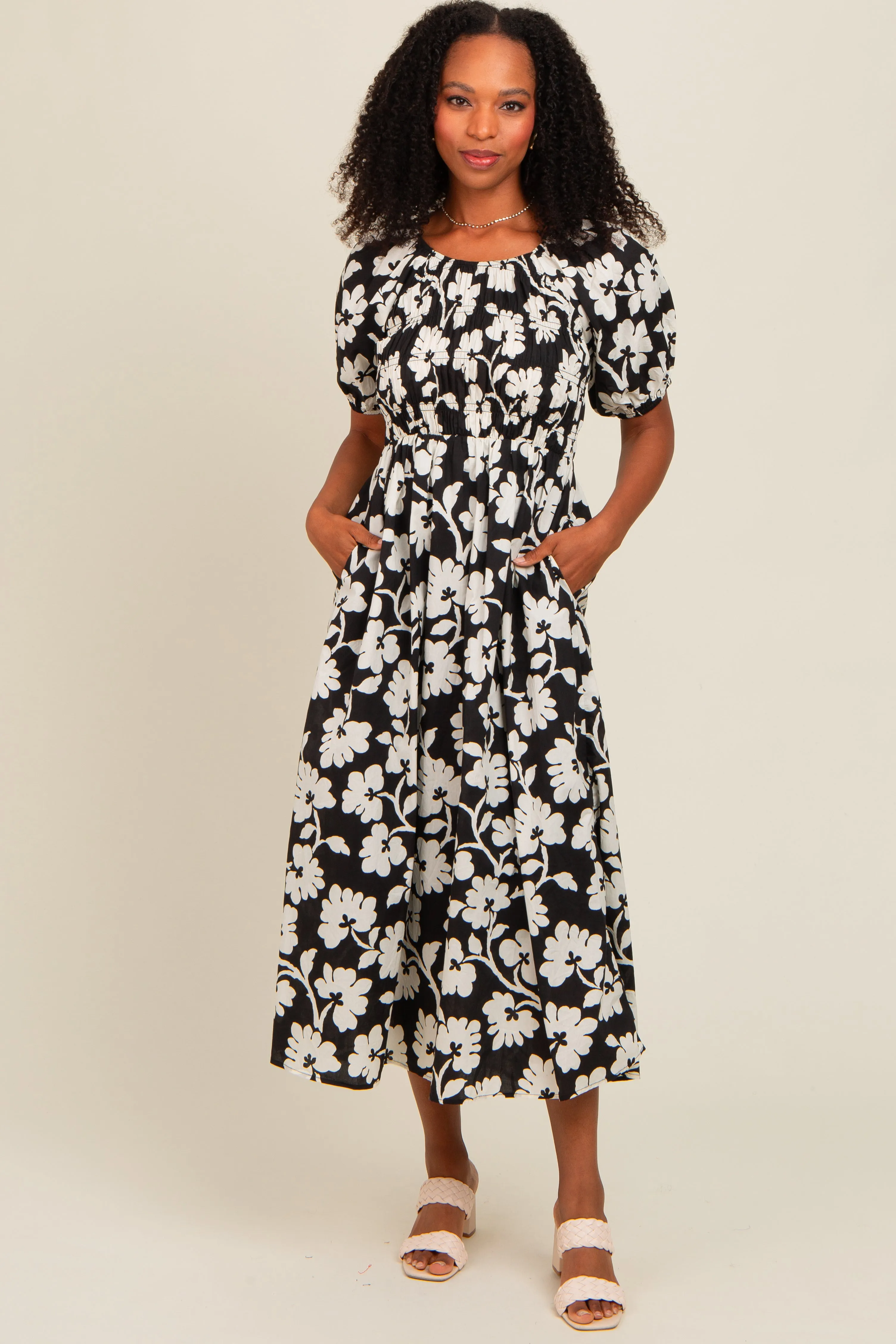 Black Floral Smocked Maternity Midi Dress sold by Pinkblush product image thumbnail 4