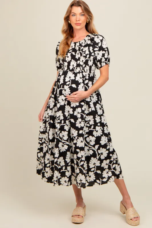 Black Floral Smocked Maternity Midi Dress sold by Pinkblush