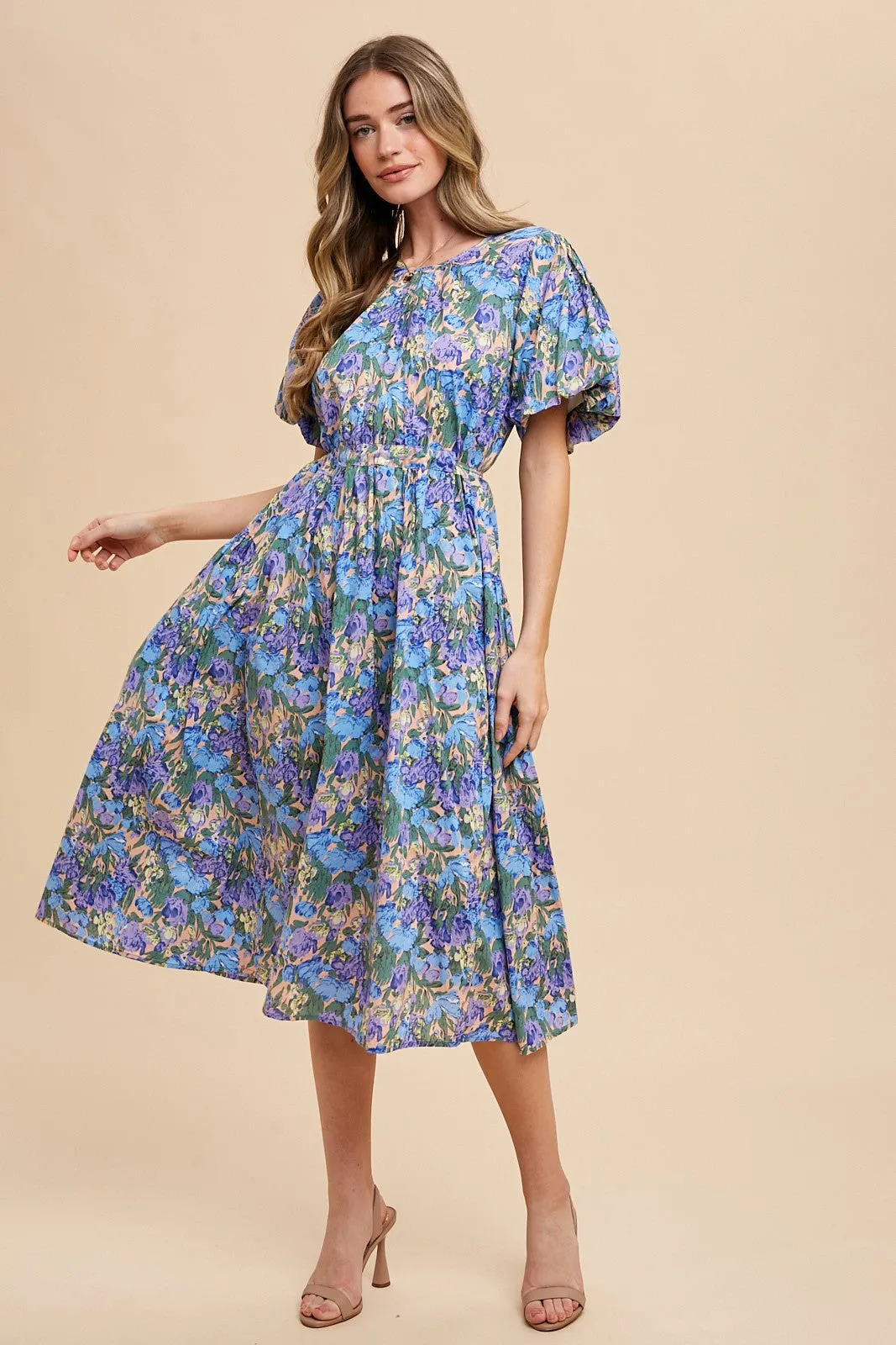 Blue Multi Floral Printed Crew Neck Puff Sleeve Midi Dress sold by Pinkblush
