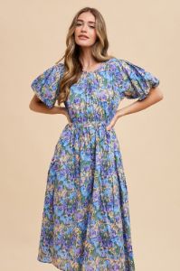 Blue Multi Floral Printed Crew Neck Puff Sleeve Midi Dress sold by Pinkblush