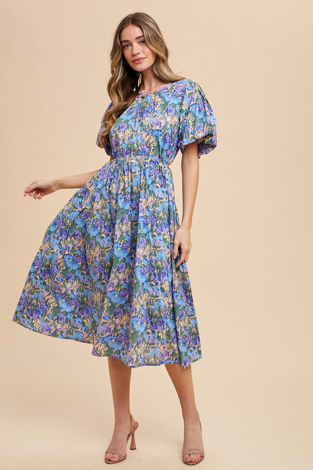 Blue Multi Floral Printed Crew Neck Puff Sleeve Midi Dress sold by Pinkblush