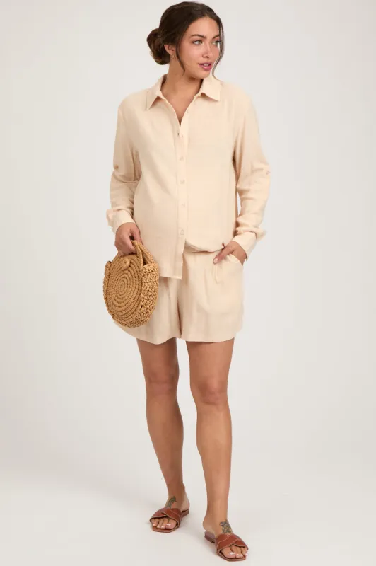 Cream Linen Button Down Long Sleeve Maternity Short Set sold by Pinkblush