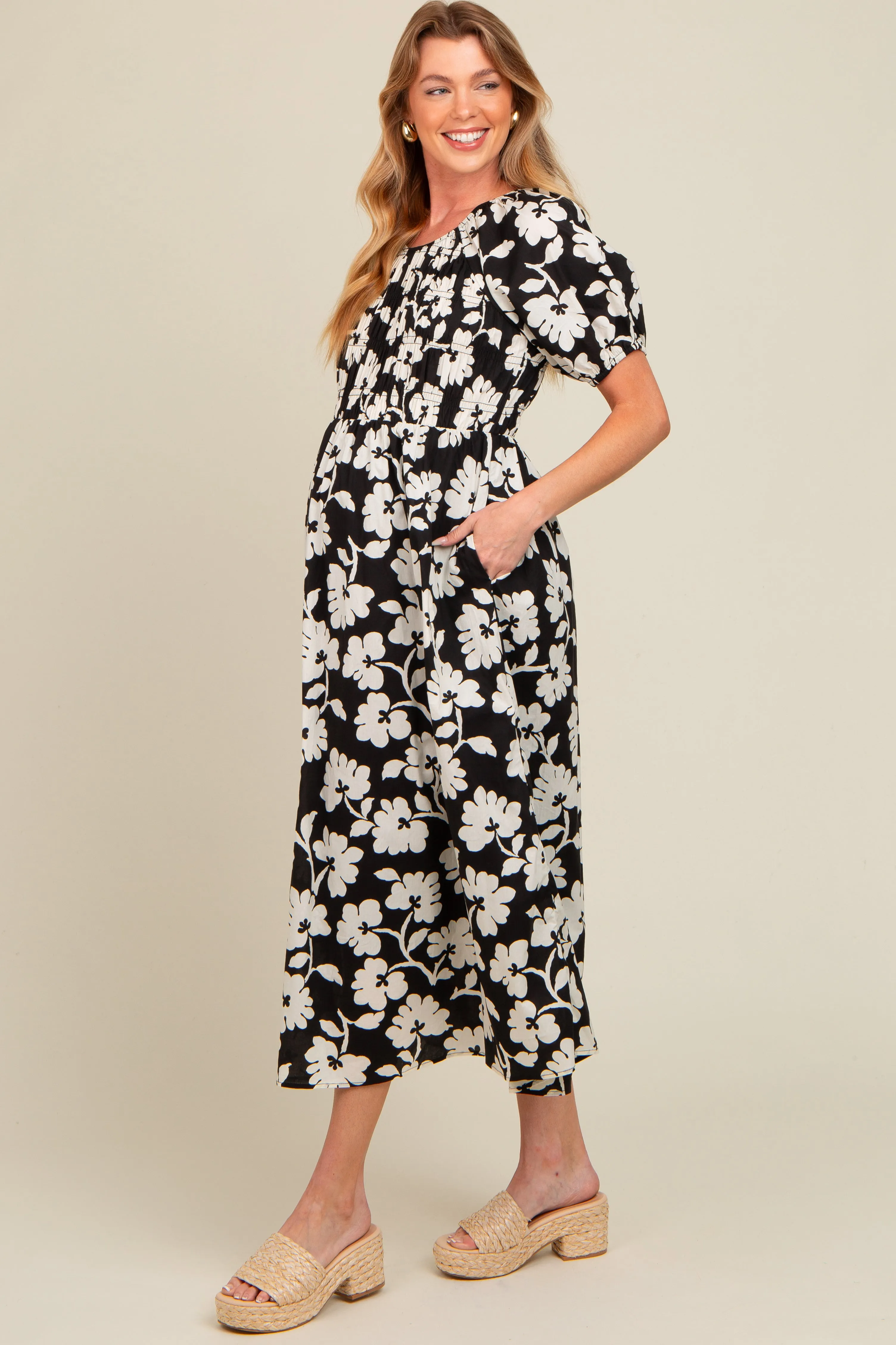 Black Floral Smocked Maternity Midi Dress sold by Pinkblush product image thumbnail 2