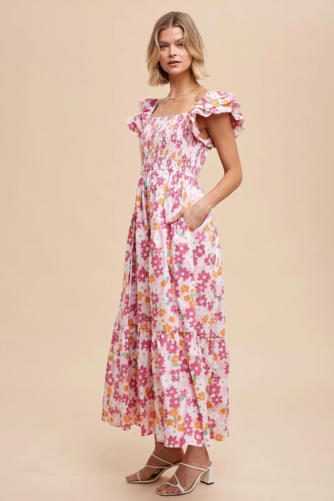 Pink Floral Smocked Ruffle Sleeve Maxi Dress sold by Pinkblush product image thumbnail 2