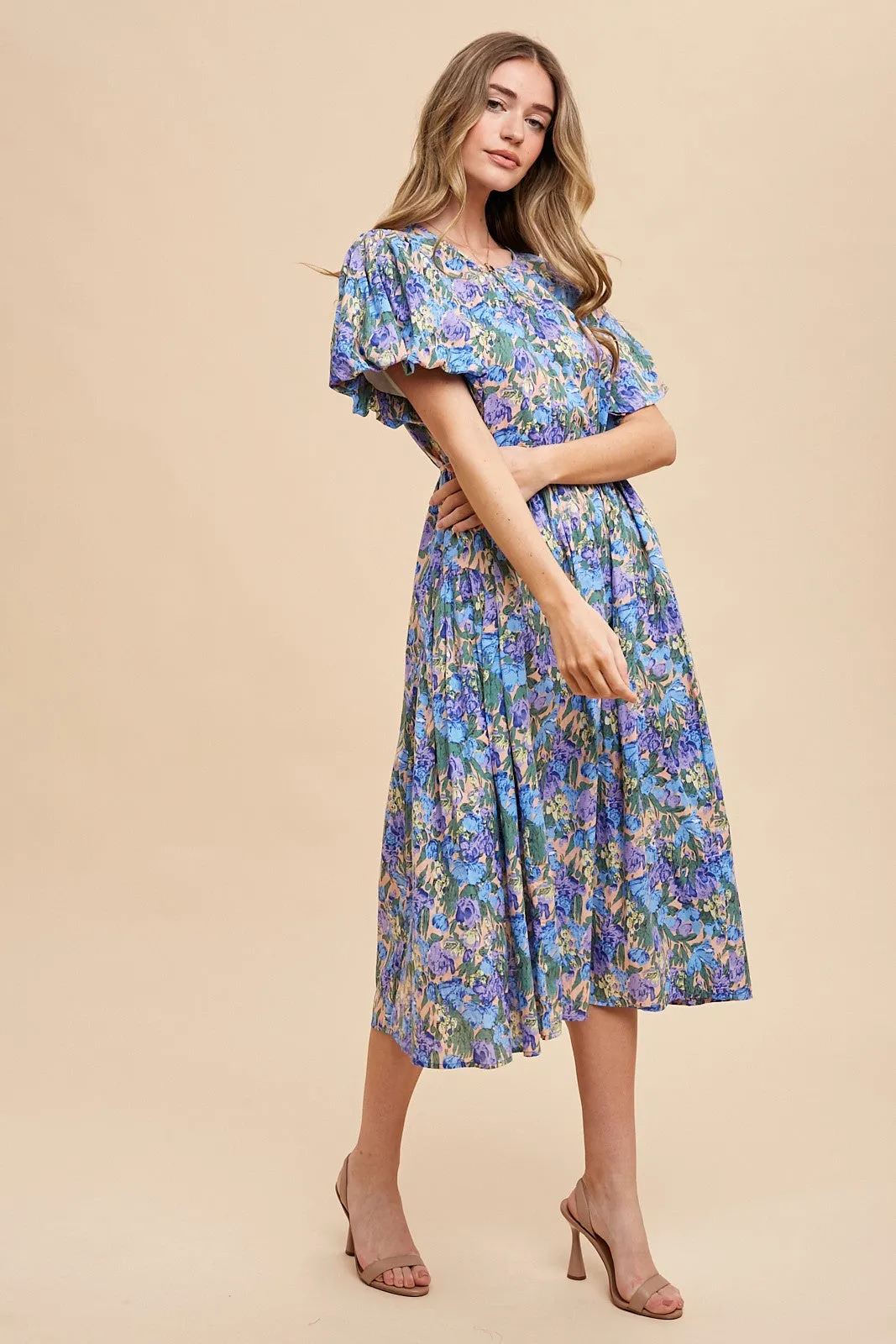 Blue Multi Floral Printed Crew Neck Puff Sleeve Midi Dress sold by Pinkblush product image thumbnail 2