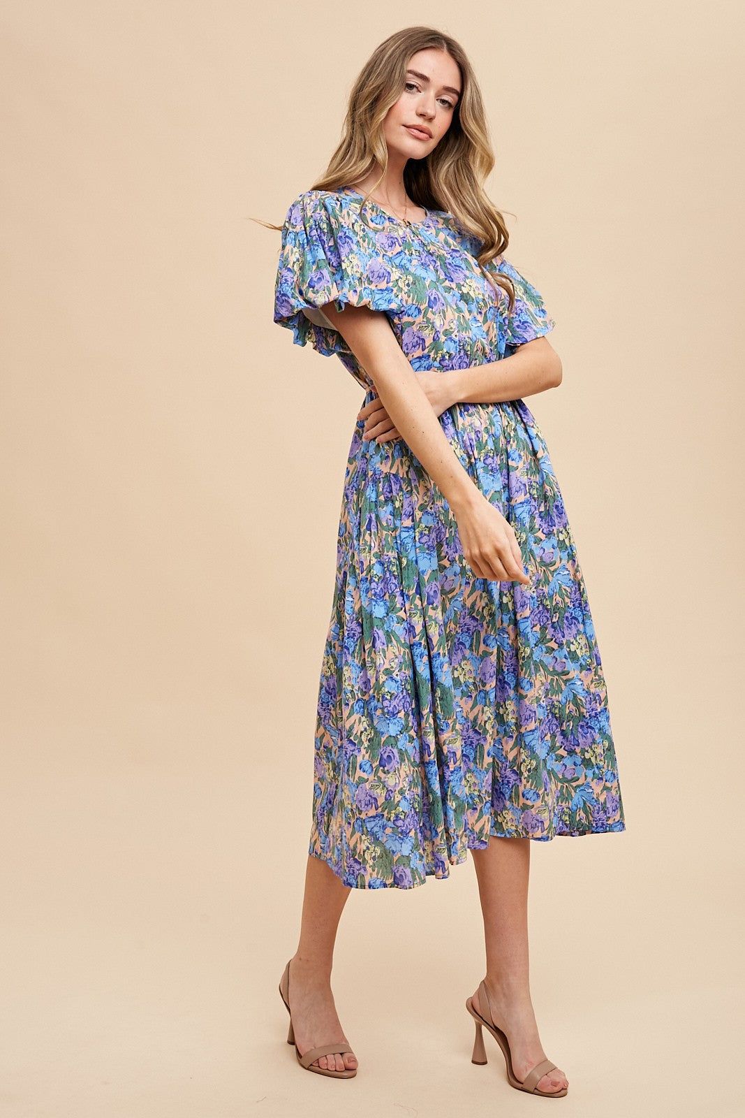 Blue Multi Floral Printed Crew Neck Puff Sleeve Midi Dress sold by Pinkblush product image thumbnail 2