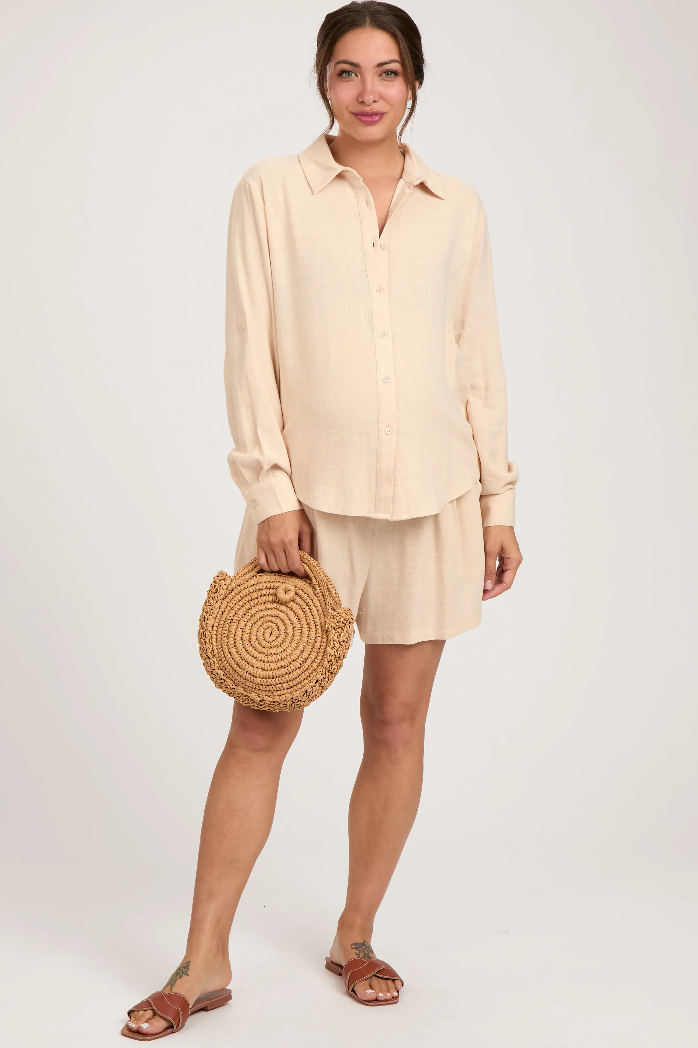 Cream Linen Button Down Long Sleeve Maternity Short Set sold by Pinkblush product image thumbnail 2