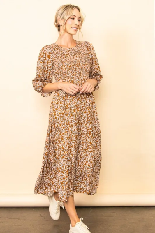 Floral Smocked 3/4 Sleeve Midi Dress sold by Pinkblush