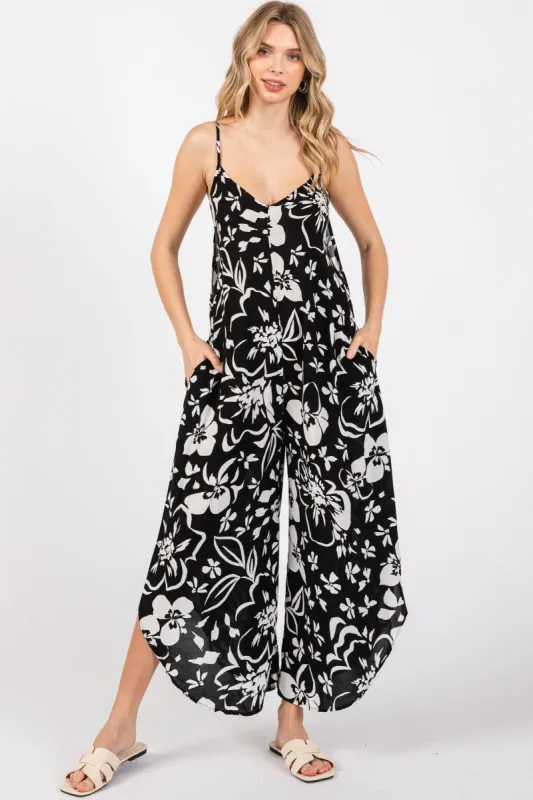 Black Tropical Floral V-Neck Back Cutout Round Hem Jumpsuit sold by Pinkblush