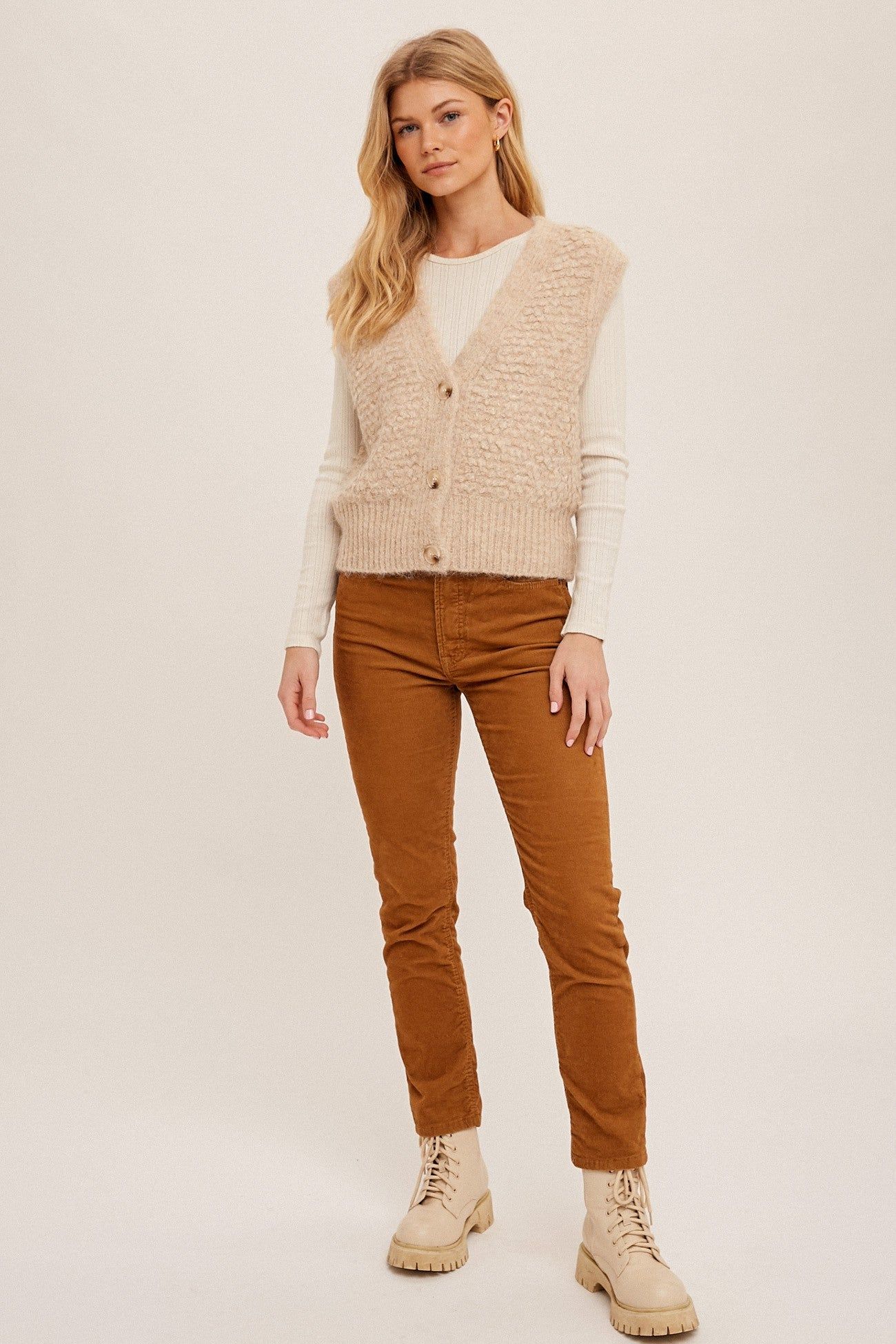 Beige V-Neck Button Placket Front Sweater Vest sold by Pinkblush product image thumbnail 5