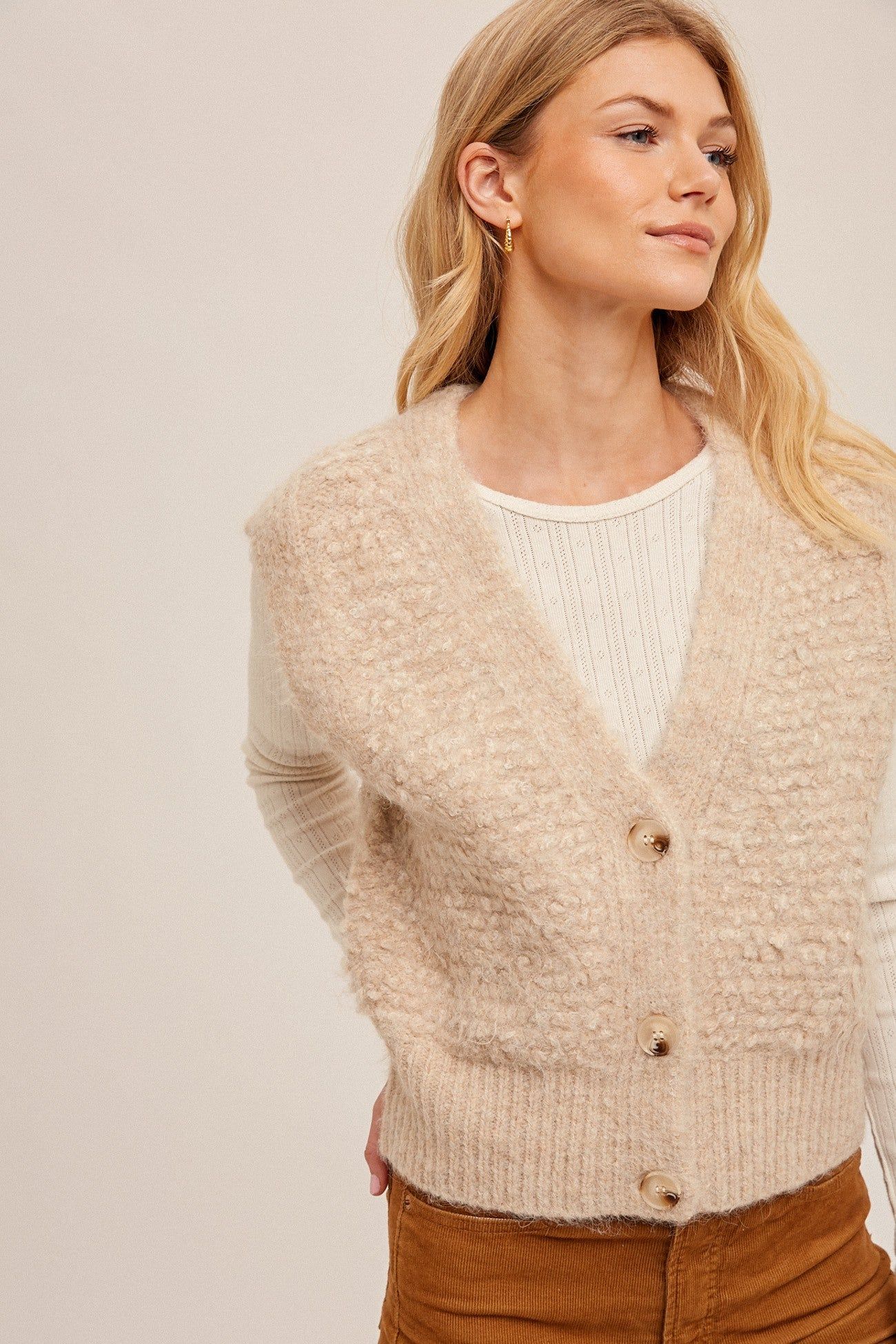 Beige V-Neck Button Placket Front Sweater Vest sold by Pinkblush product image thumbnail 2