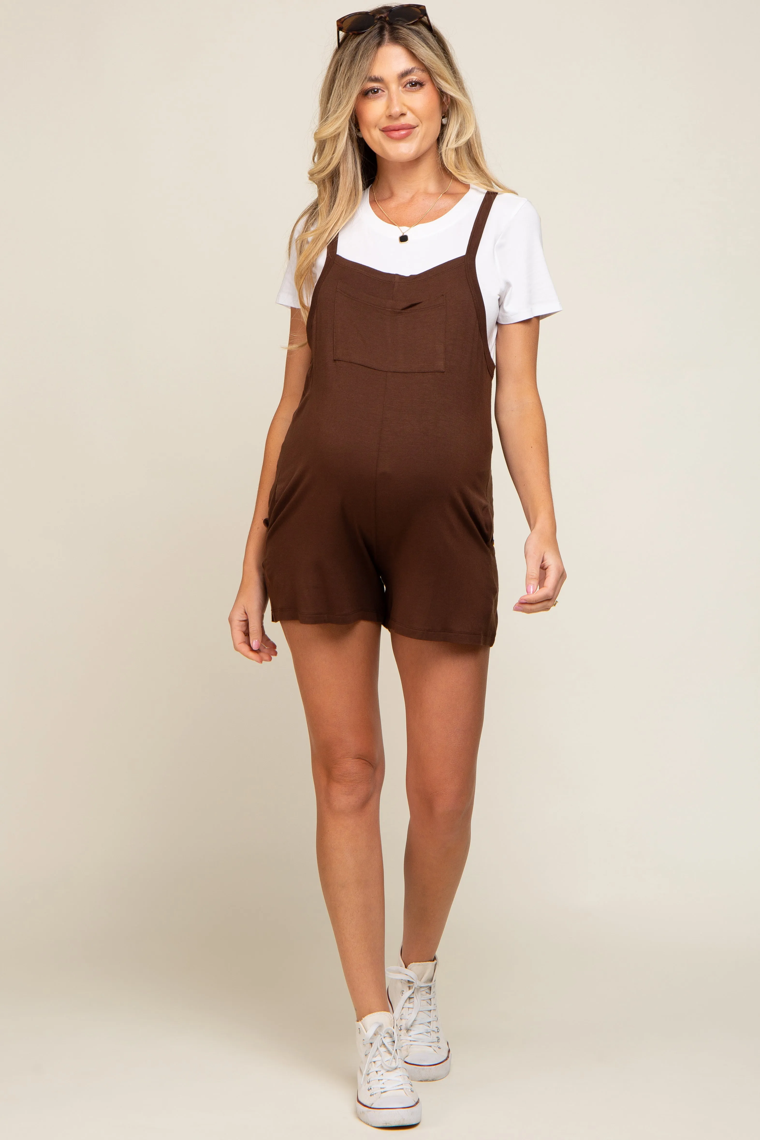 Mocha Front Pocket Overall Knit Maternity Romper sold by Pinkblush product image thumbnail 4