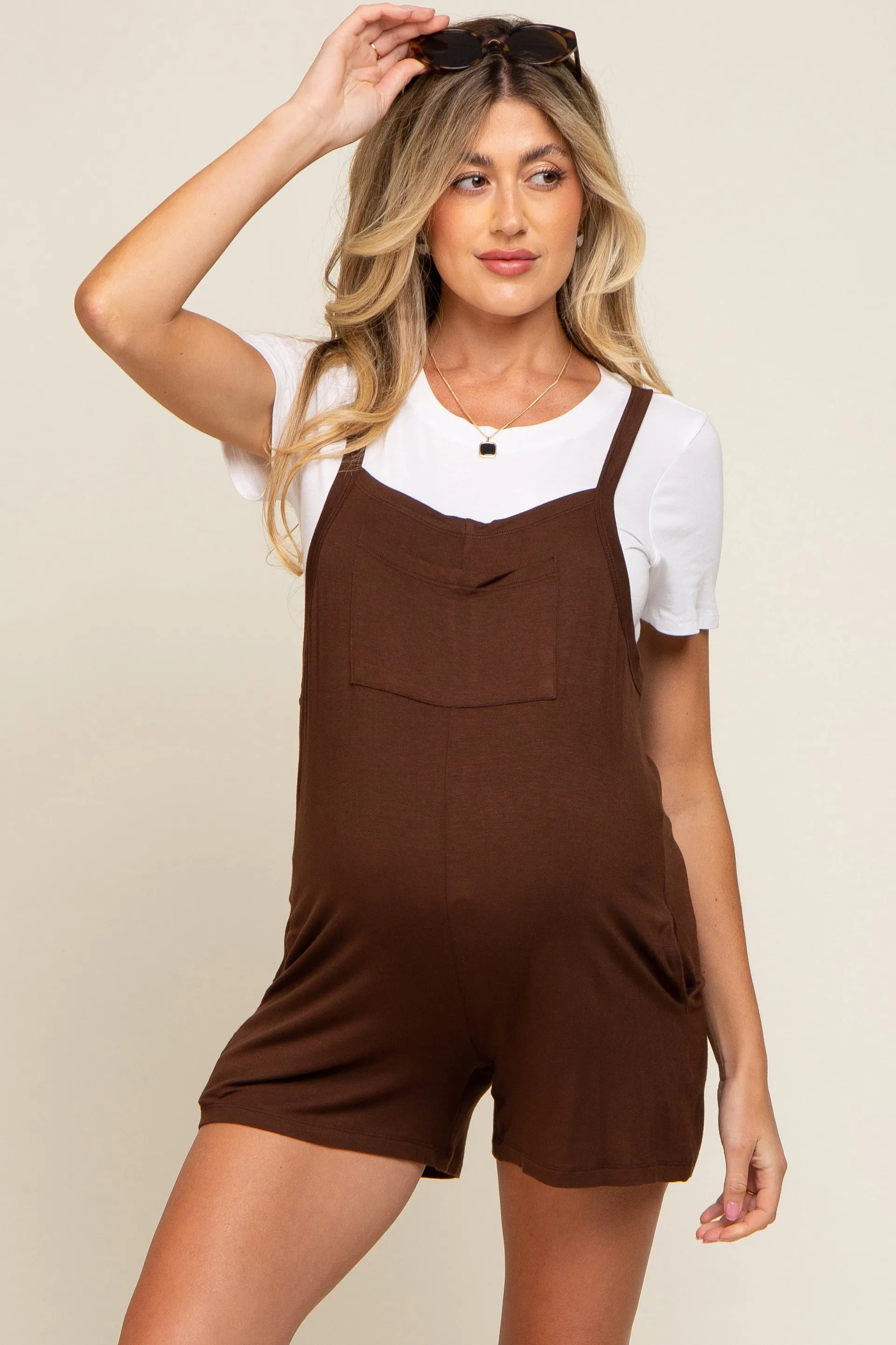 Mocha Front Pocket Overall Knit Maternity Romper sold by Pinkblush