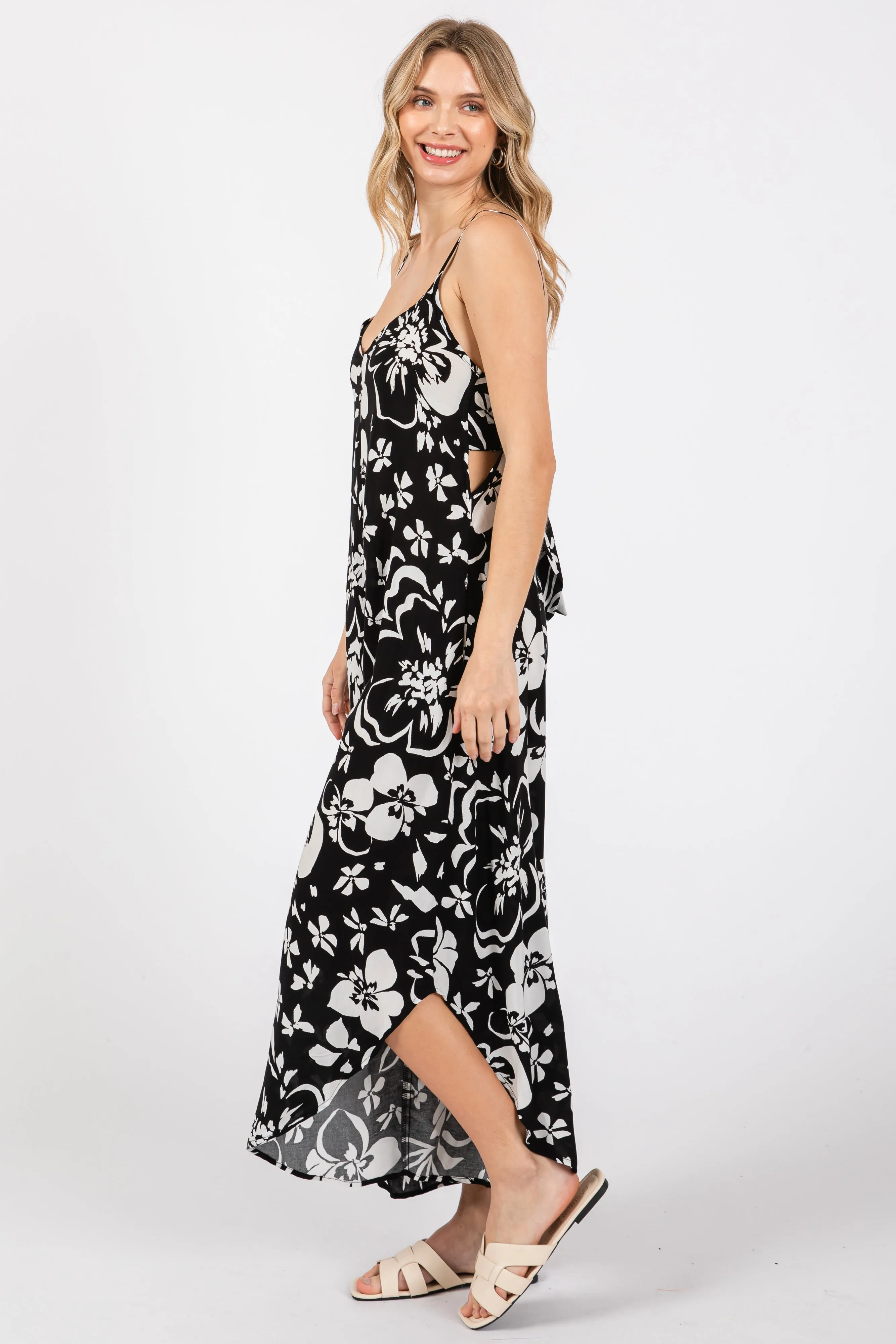 Black Tropical Floral V-Neck Back Cutout Round Hem Jumpsuit sold by Pinkblush product image thumbnail 2