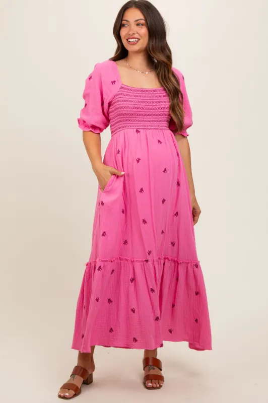 Pink Gauze Smocked Embroidered Square Neck Maternity Midi Dress sold by Pinkblush