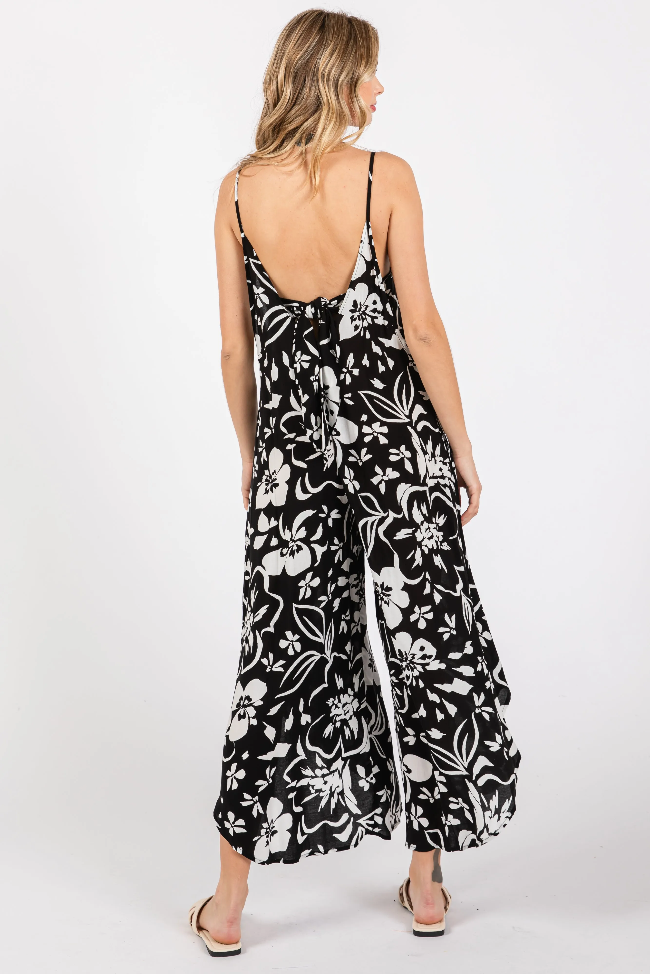 Black Tropical Floral V-Neck Back Cutout Round Hem Jumpsuit sold by Pinkblush product image thumbnail 3