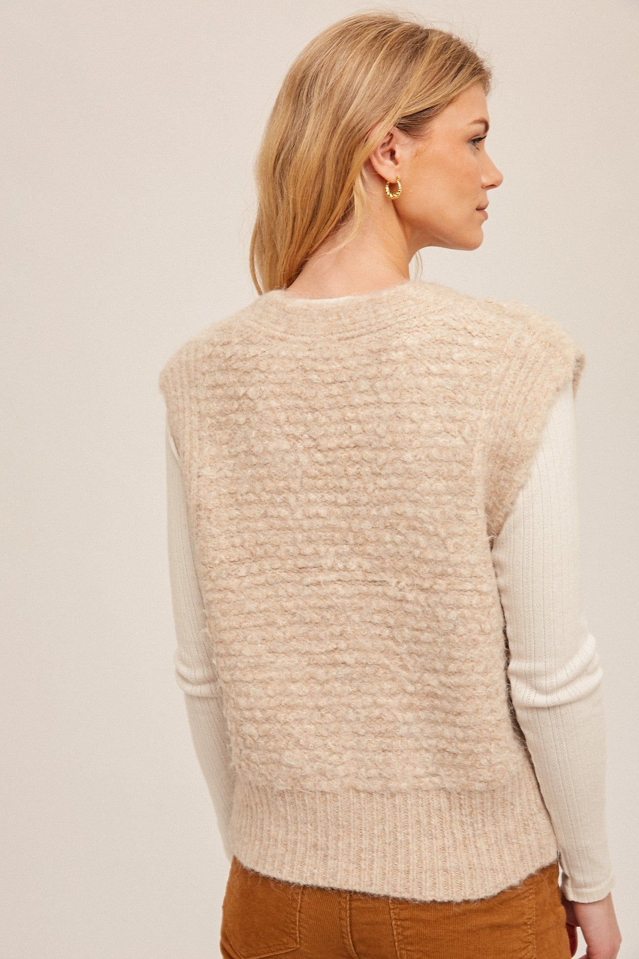 Beige V-Neck Button Placket Front Sweater Vest sold by Pinkblush product image thumbnail 4