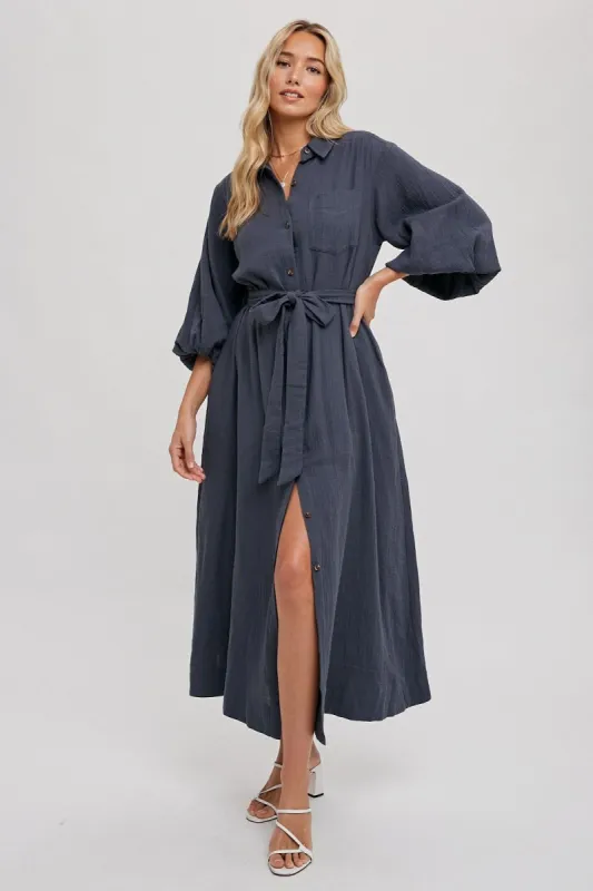 Charcoal Gauze Belted Shirt Midi Dress sold by Pinkblush