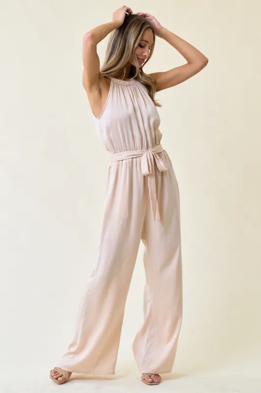 Champagne Halter Neck Jumpsuit sold by Pinkblush