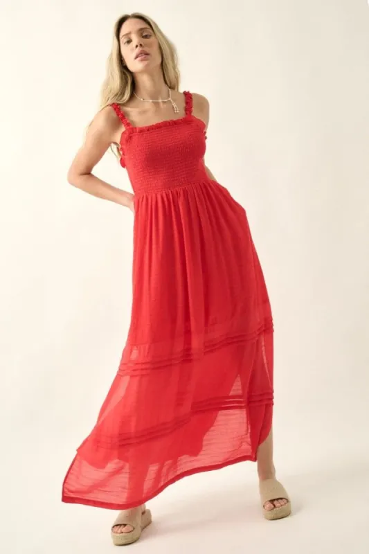Red Tonal Stripe Smock Open-Back Maxi Dress sold by Pinkblush