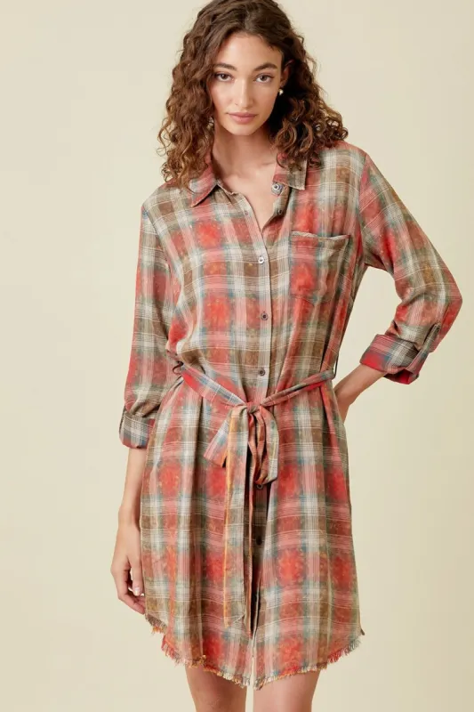 Red Green Washed Plaid Shirt Dress With Waist Belt sold by Pinkblush