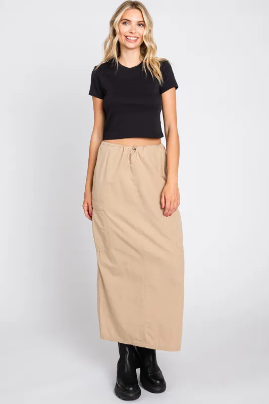 Light Taupe Drawstring Pocket Maxi Skirt sold by Pinkblush