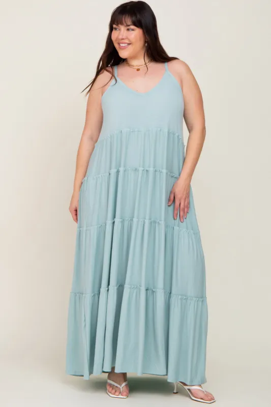 Mint Green Tiered Sleeveless Plus Maxi Dress sold by Pinkblush
