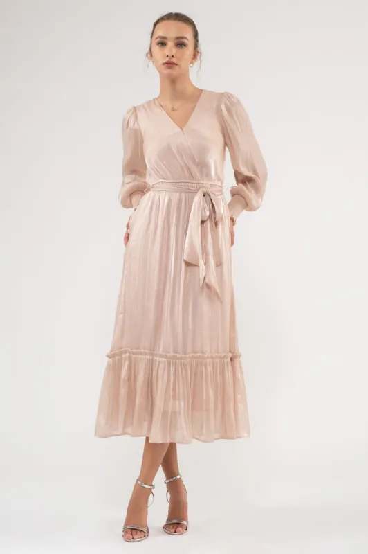 Champagne Surplice Belted Long Sleeve Midi Dress sold by Pinkblush