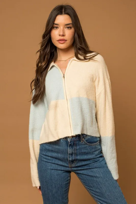 Cream Light Blue Color Block Zip-Up Knit Jacket sold by Pinkblush